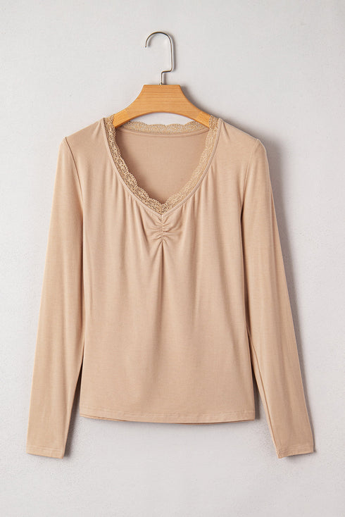 Lace Trim Sweetheart Neck Ruched Front Long Sleeve Top